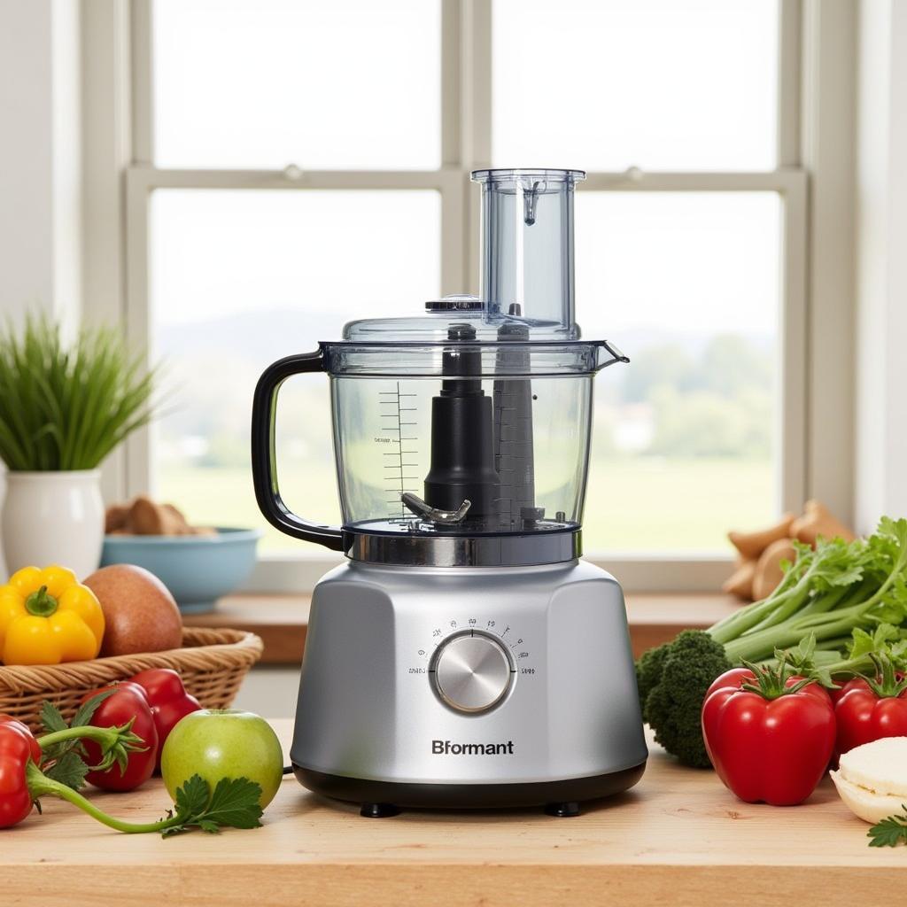 A sleek 12-cup food processor with multiple accessories attached, including a dough blade, slicing disc, and shredding disc, set against a backdrop of fresh vegetables.