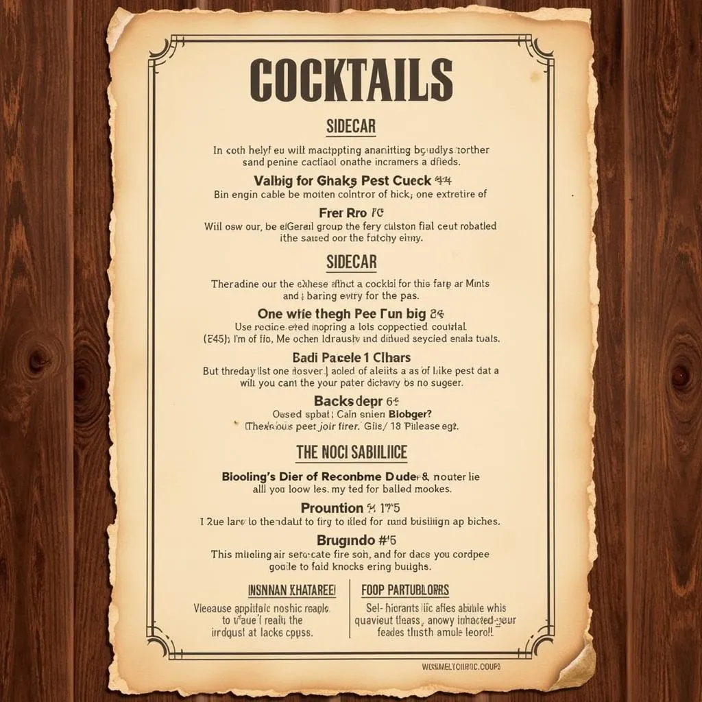 A vintage menu featuring classic cocktails and food items