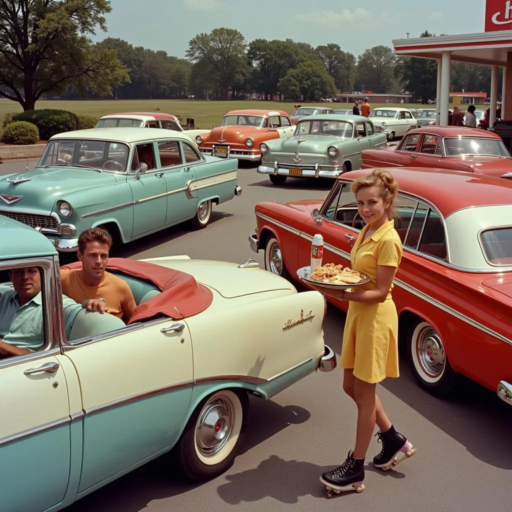 A bustling drive-in restaurant from the 1950s with classic cars lined up and carhops serving customers on roller skates