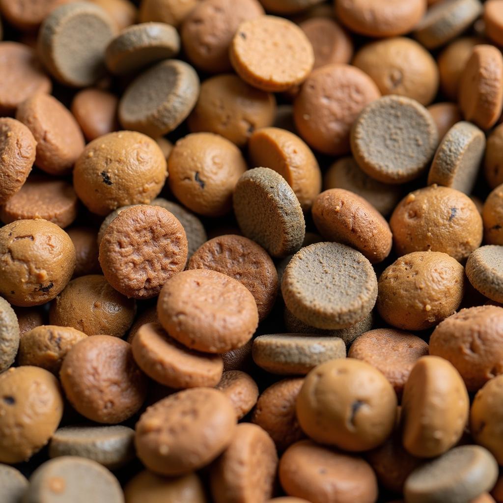 A close-up shot of 3 Bears Dog Food kibble, showcasing the various ingredients.