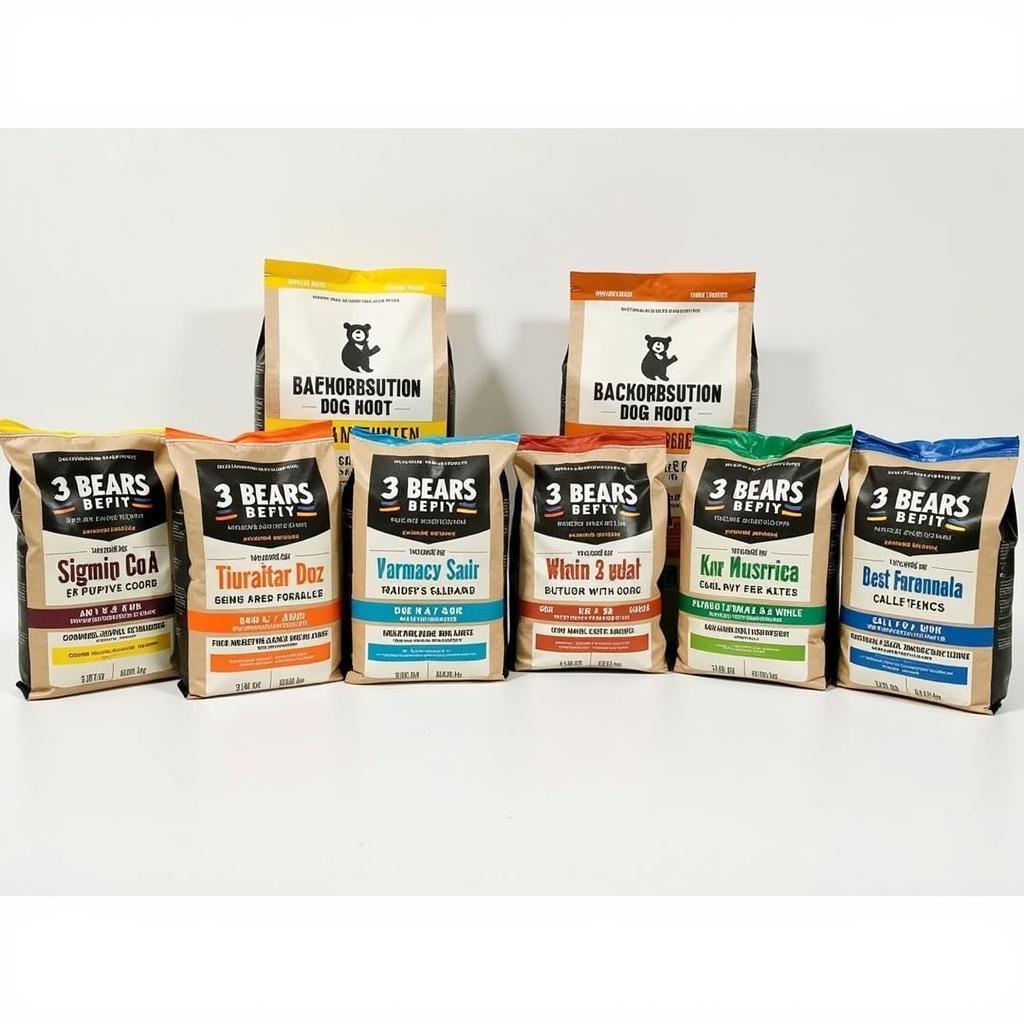 A display of different 3 Bears Dog Food bags, showcasing their variety of formulas.