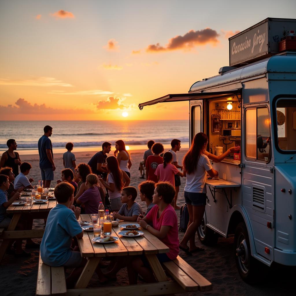 Families enjoying a meal from a food truck on 30A