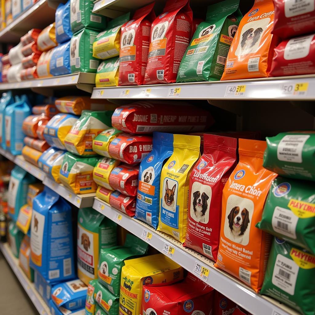 Various 50lb dry dog food bags stacked on a shelf