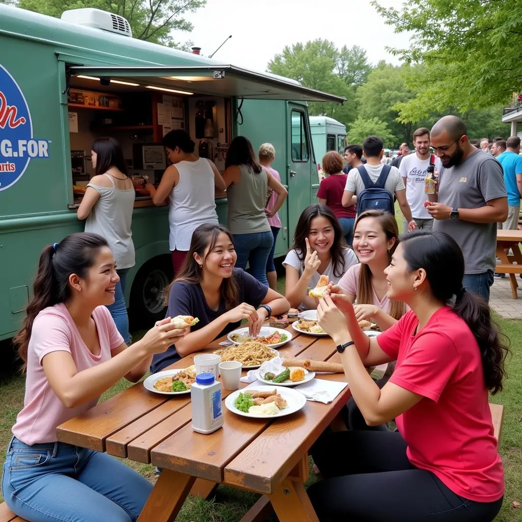 People enjoying food from the 8e8 Thai Food Truck