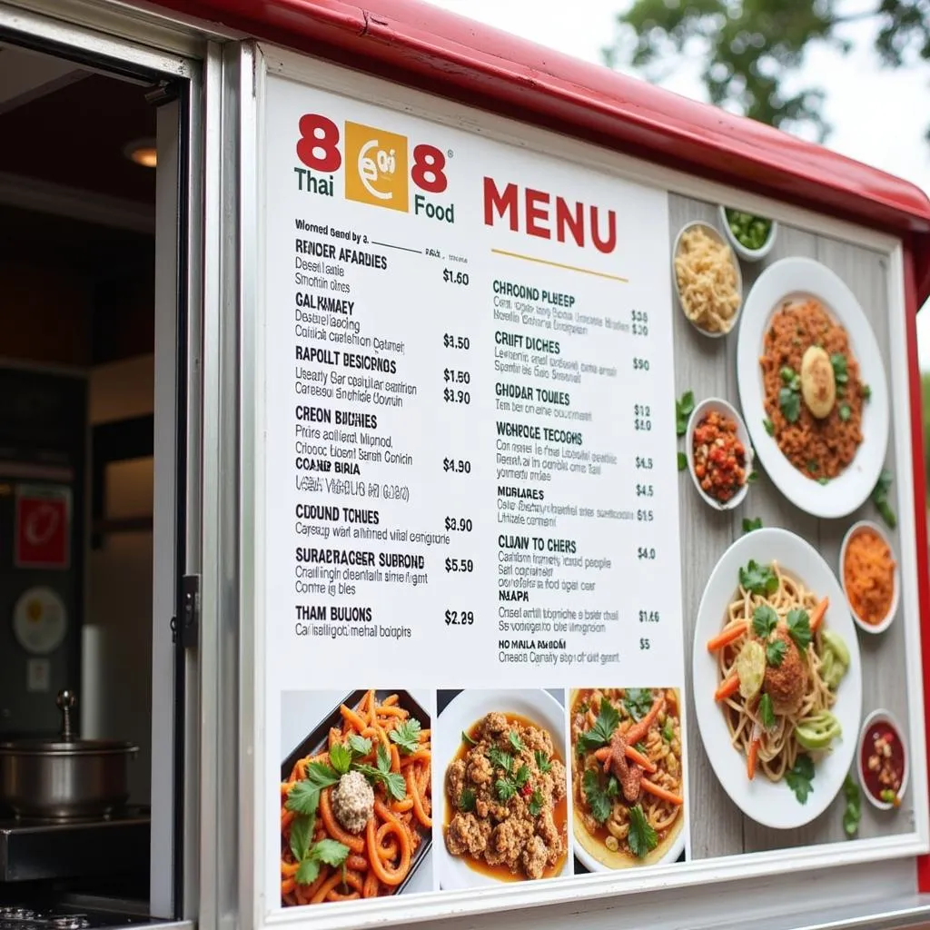 Close-up of the 8e8 Thai Food Truck menu board