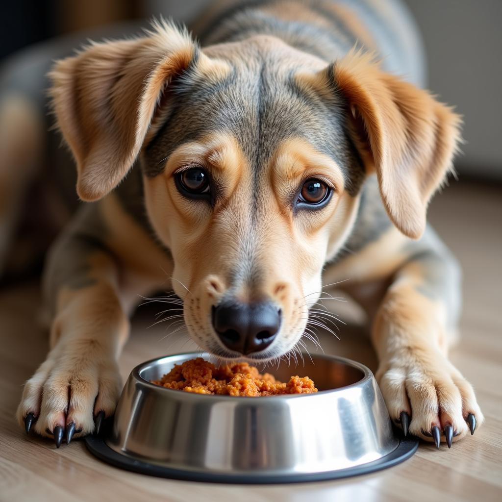 A Bobtail dog happily eats its food from a bowl.