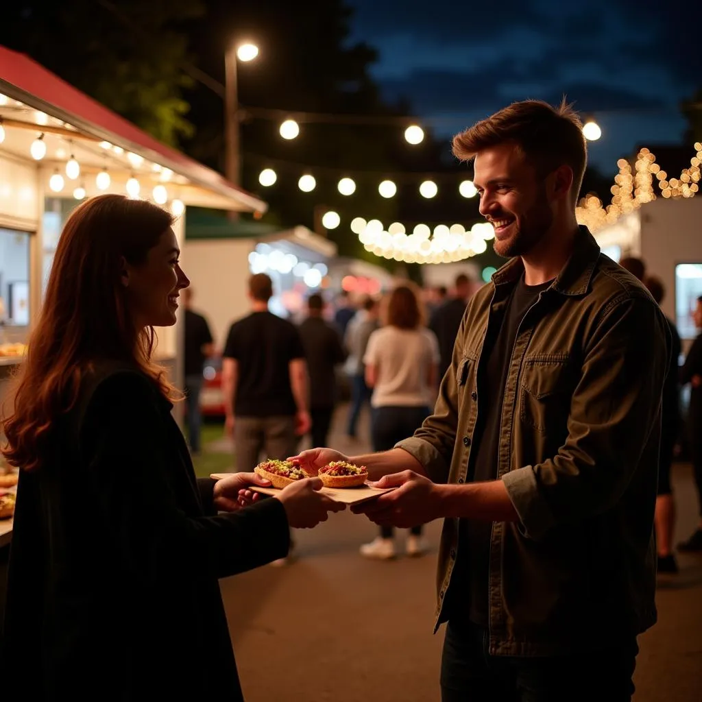  A food truck owner smiling and serving customers at a night market