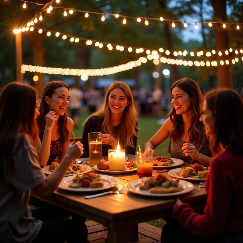 A group of friends enjoying Jammas Jax's food at a park, laughing and having a good time.