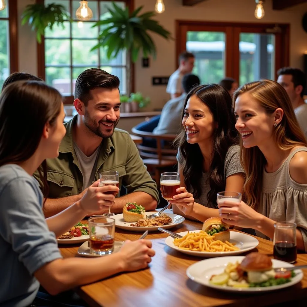 A group of friends laughing and enjoying their meals from the Cactus Blue food truck, highlighting the social and enjoyable atmosphere.