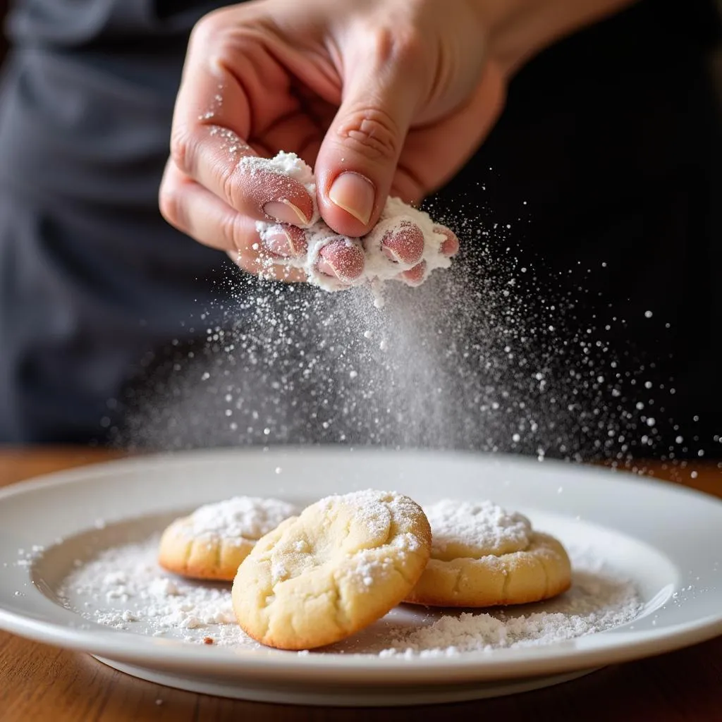 A hand using a fine-mesh sieve to dust powdered sugar over baked angel food cake cookies