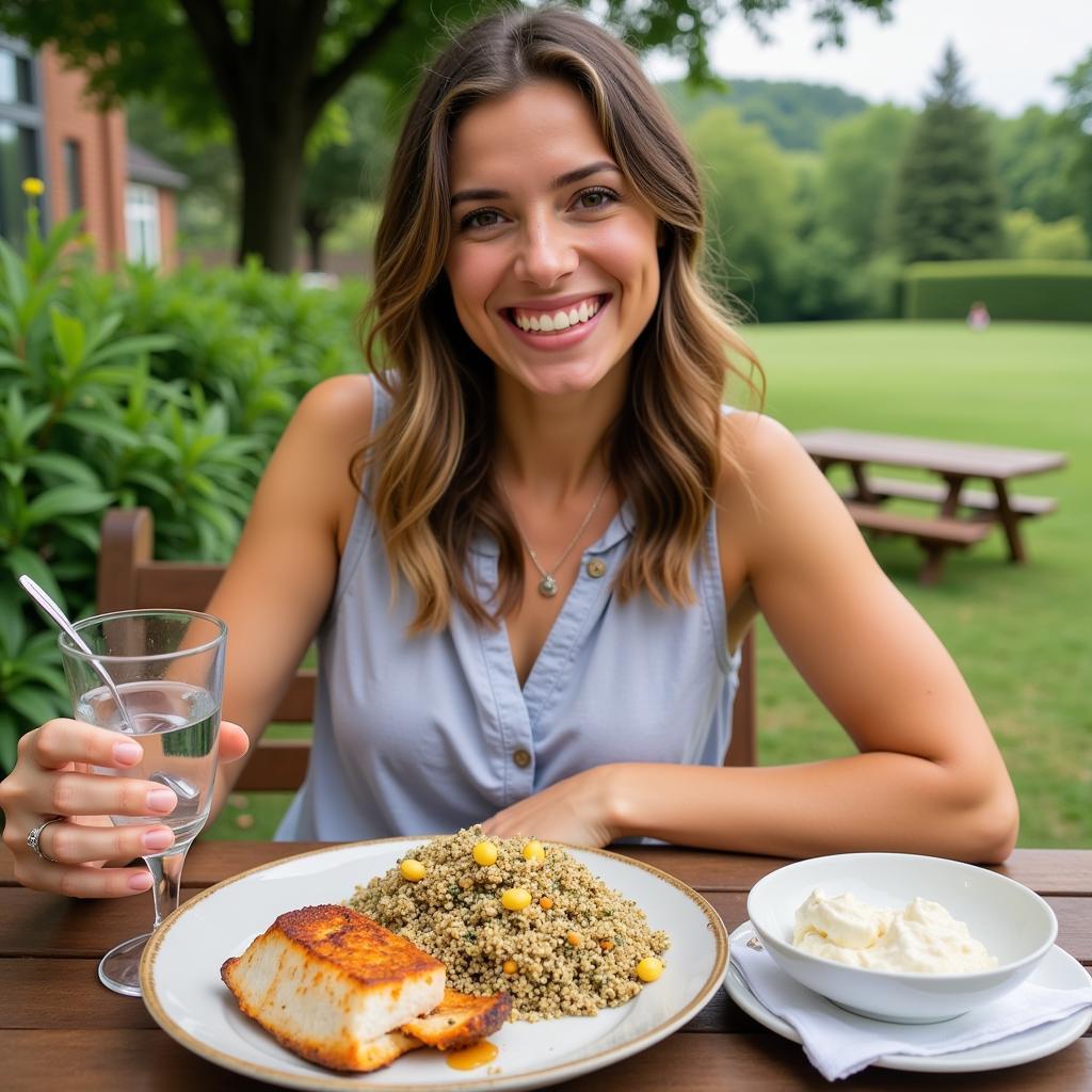 A person enjoys a healthy and delicious meal outdoors