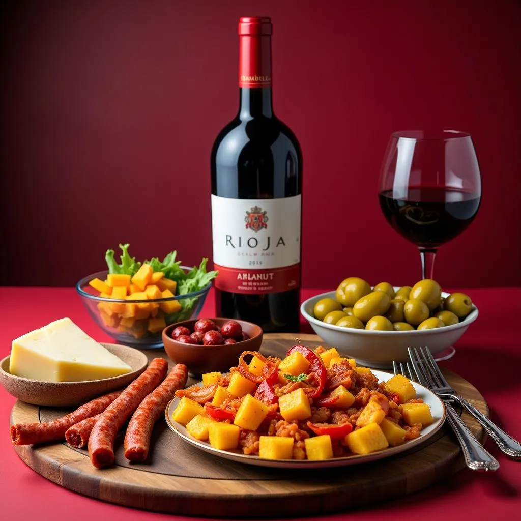 A selection of Spanish tapas arranged on a table with a bottle of Rioja wine.