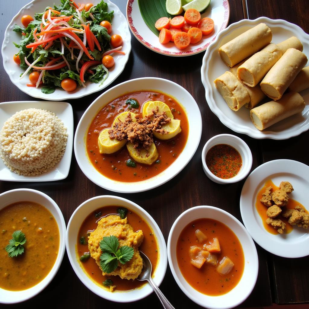 A table laden with an array of colorful Khmer dishes, showcasing the diversity and vibrancy of Cambodian cuisine.