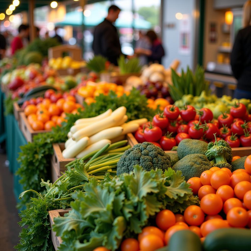 Colorful fruits and vegetables displayed at a bustling farmers' market, highlighting the freshness and potential savings.