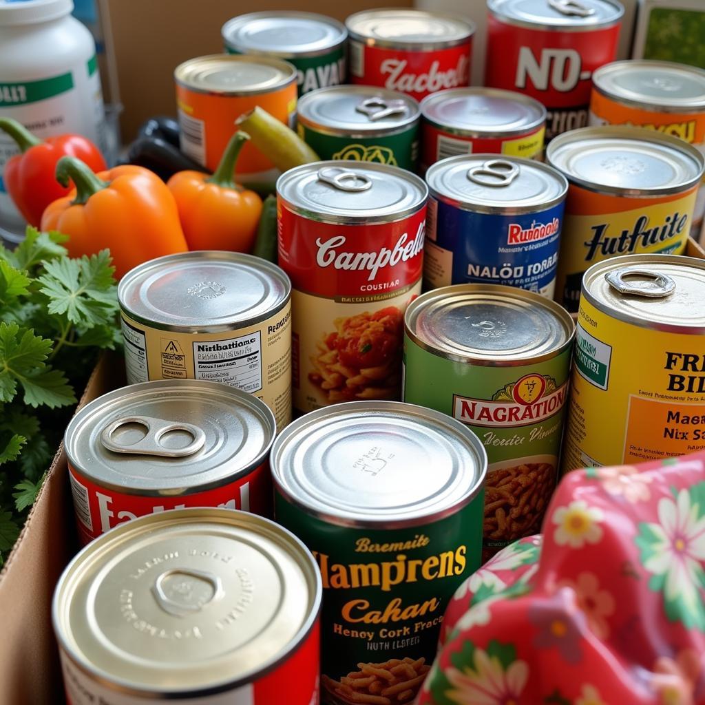 A variety of non-perishable food items ready for donation