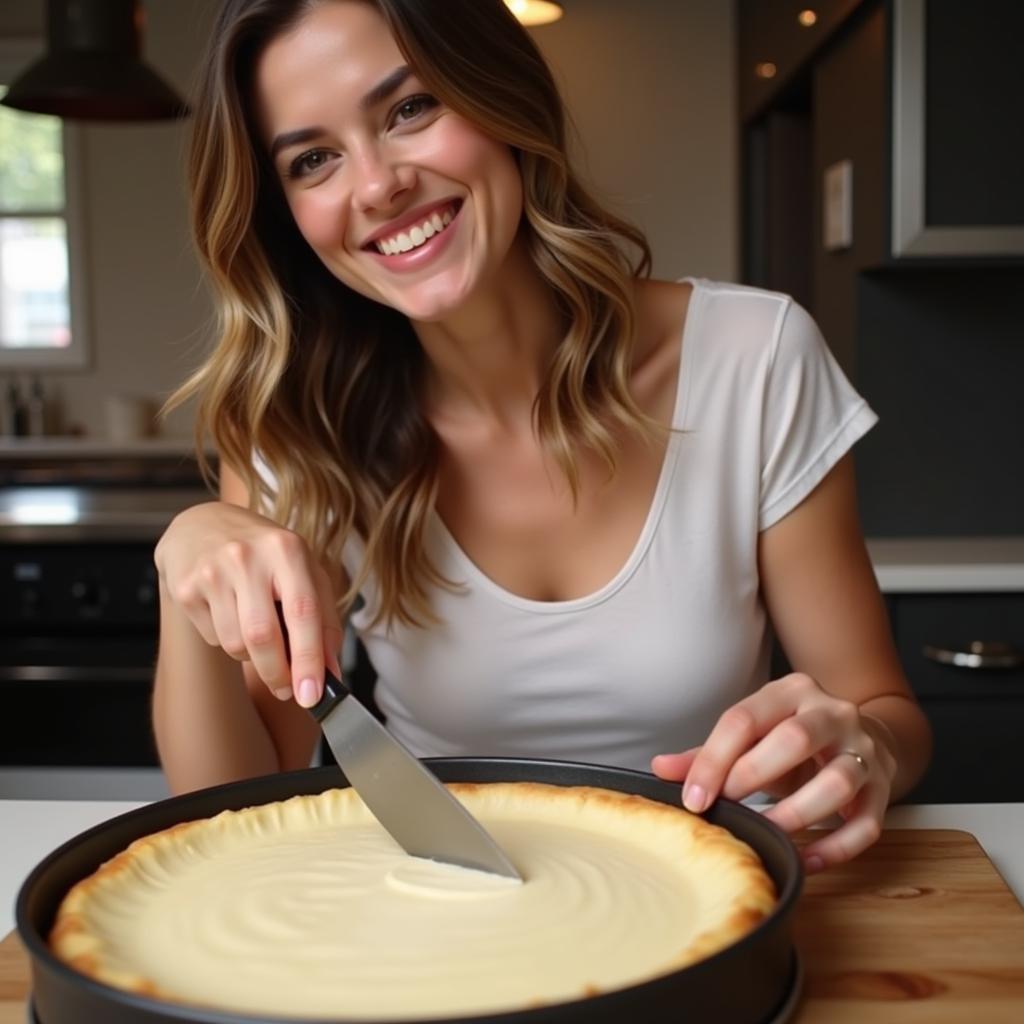 A woman slicing into an angel food cheesecake