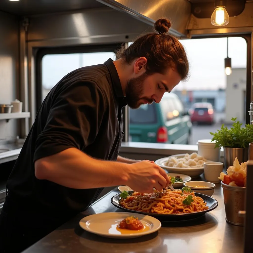 A close-up shot of a food truck owner in Abilene passionately preparing food in their truck