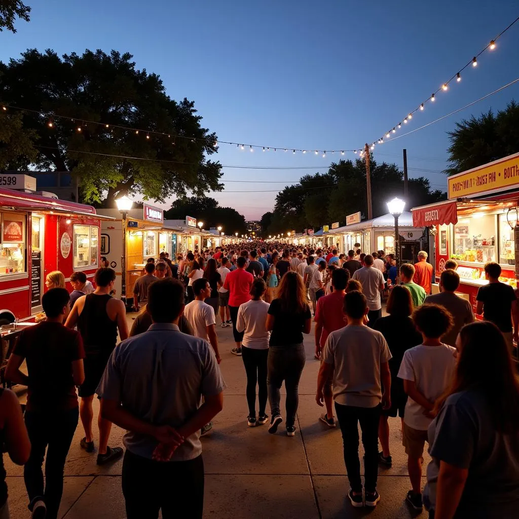 A bustling food truck park in Abilene, Texas, filled with people enjoying food and live music