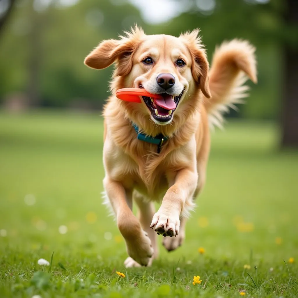 Active dog running in a field