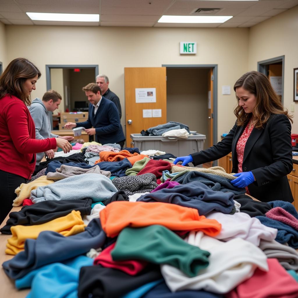 Volunteers at a Food Bank Organizing Clothing and Household Items