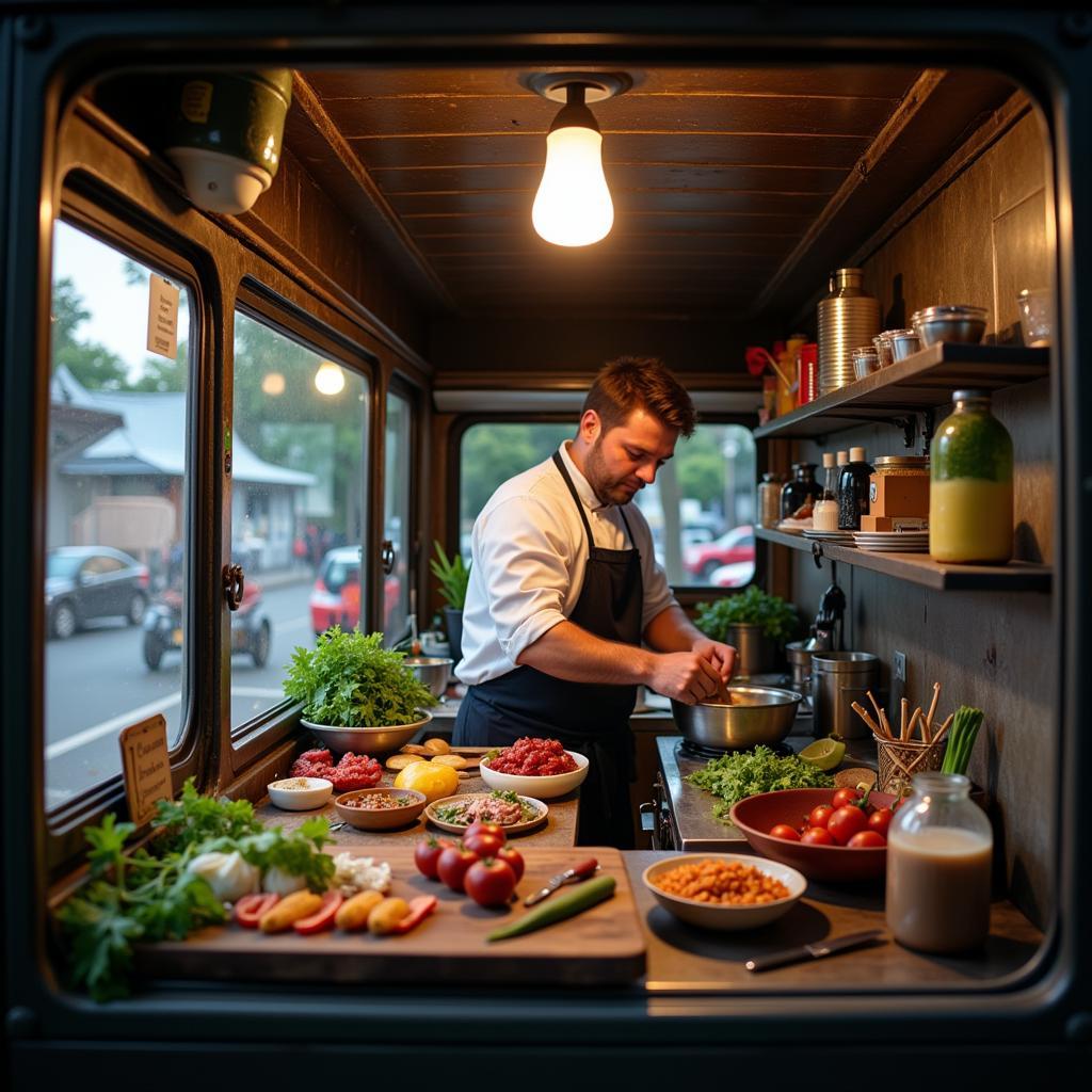 Skilled chef preparing dishes inside the food truck