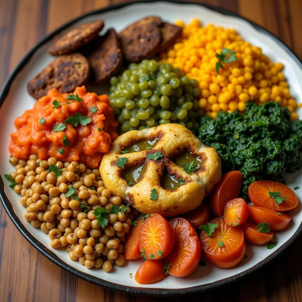 A colorful vegetarian platter with various African dishes.