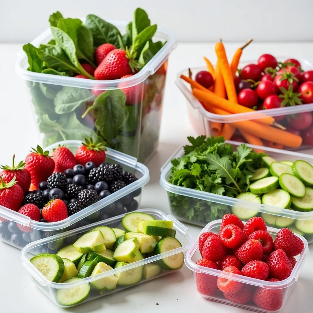 Fresh fruits and vegetables stored in airtight containers