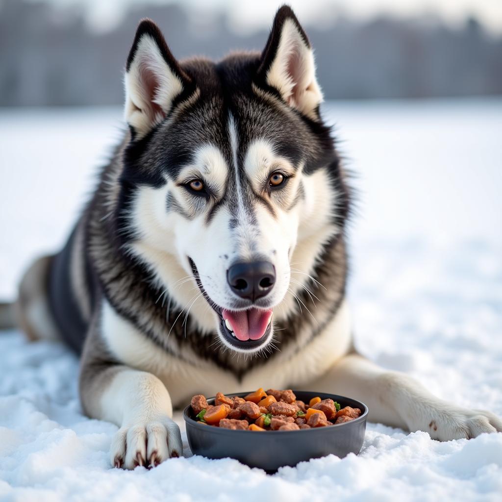 Alaskan Dog Enjoying a Meal