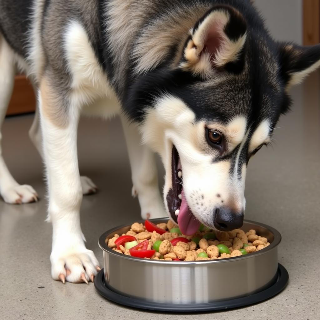 Alaskan Malamute happily eating from a stainless steel bowl