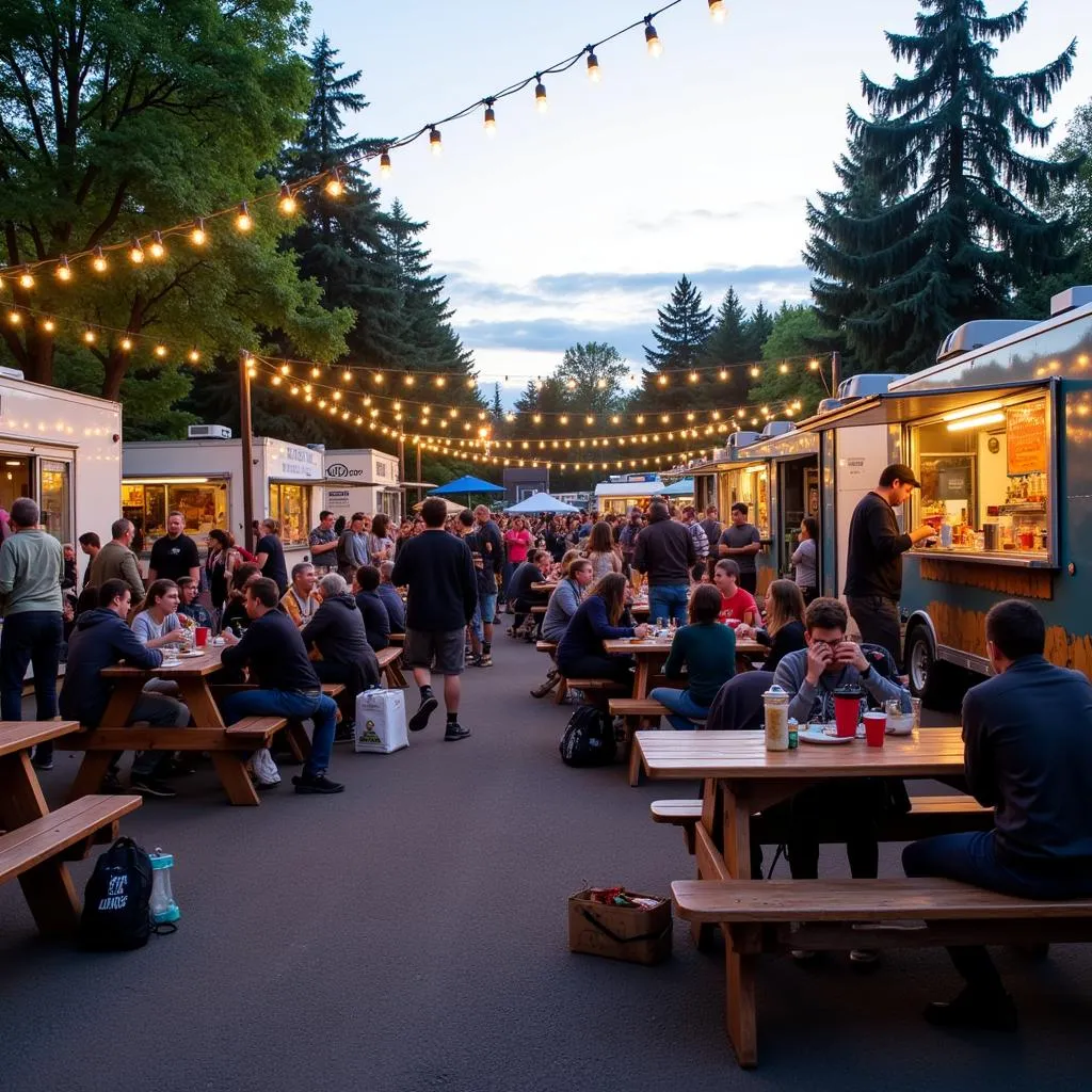 Albany OR Food Truck Park with People Enjoying Meals