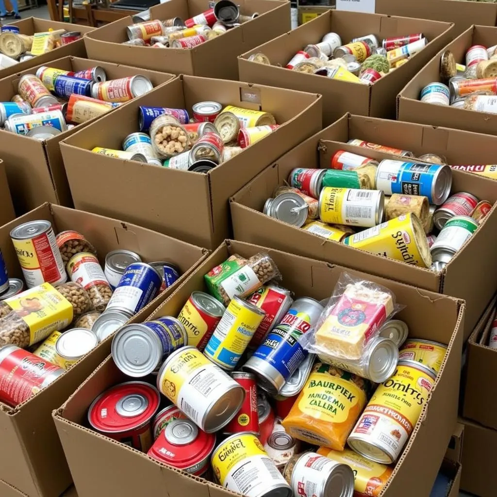 Donation boxes at the Alton Food Pantry overflowing with canned goods, pasta, and other non-perishable items