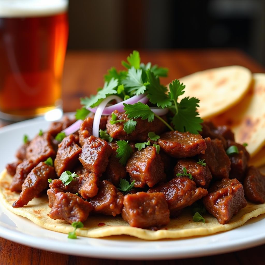 A glass of amber ale served with a plate of carnitas