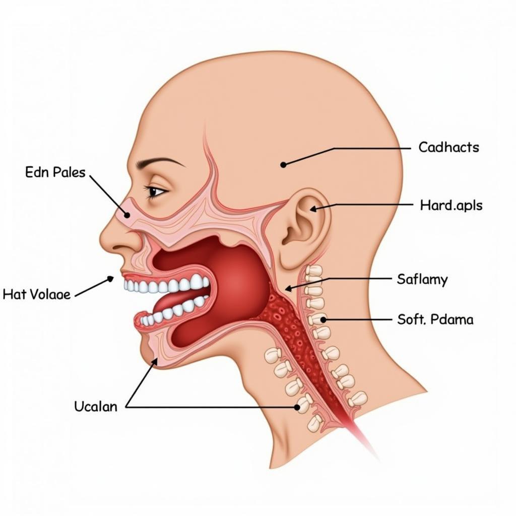 A detailed anatomical illustration of the human mouth, highlighting key structures involved in food intake.