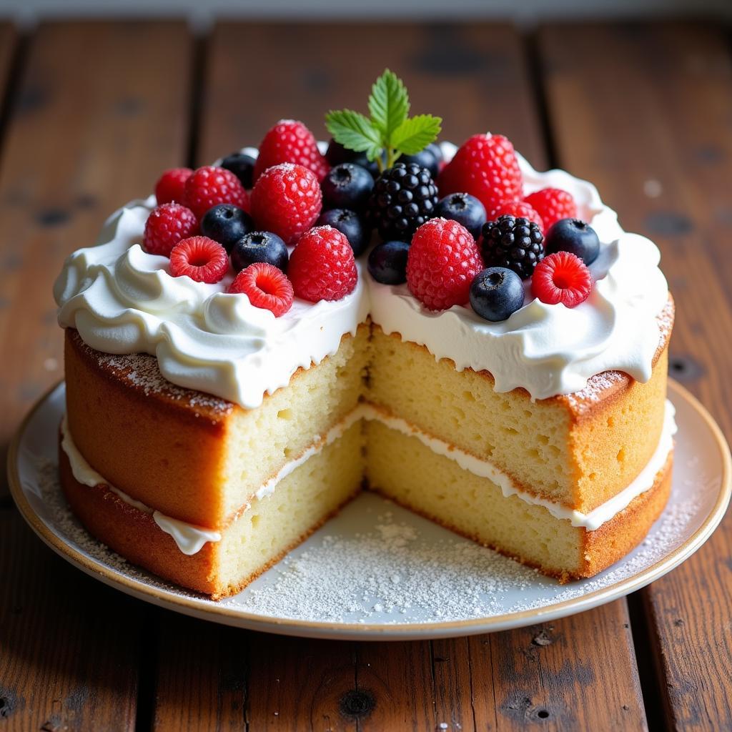 Angel food cake decorated with fresh fruit.