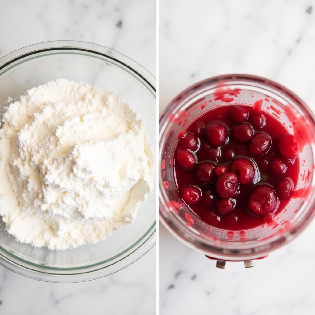 Angel food cake mix and cherry pie filling in bowls