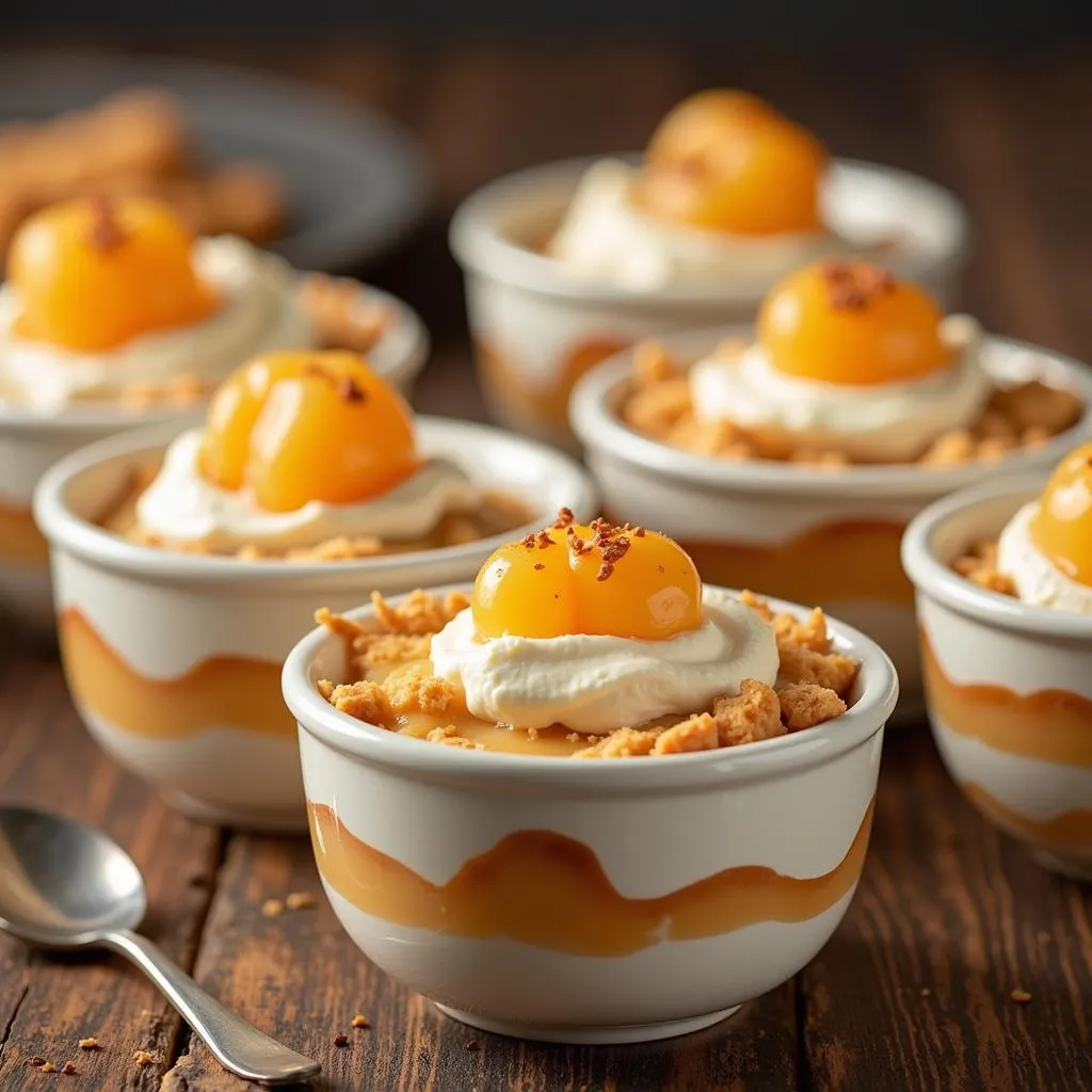 Individual dessert bowls filled with angel food cake and pie filling