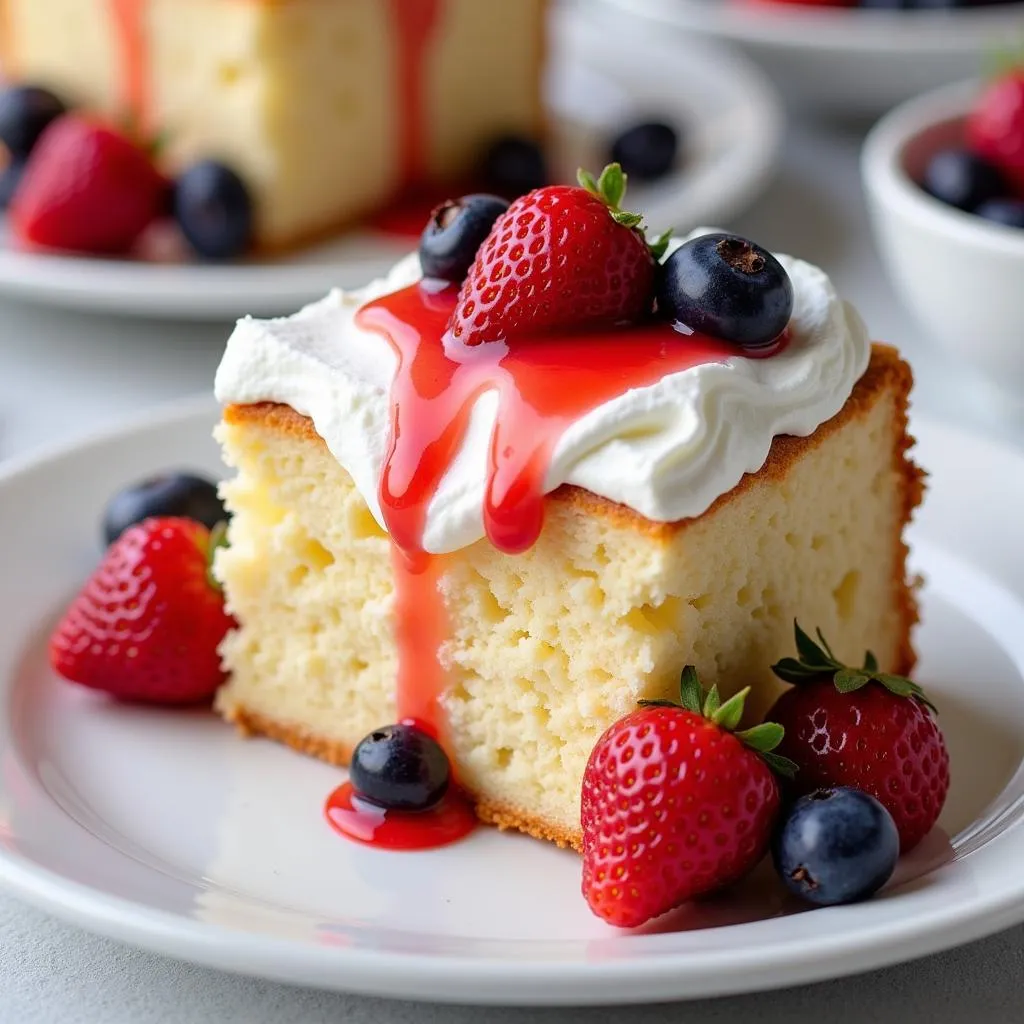 A slice of angel food cake with pie filling is topped with whipped cream and fresh berries.