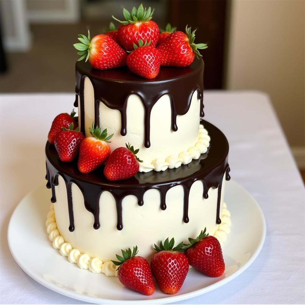 Angel food wedding cake with chocolate ganache and strawberries