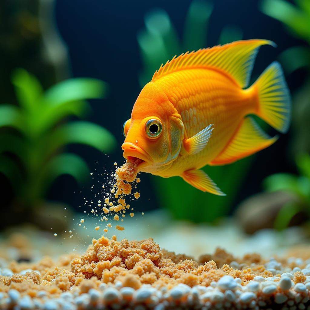 Angelfish eating flake food in an aquarium