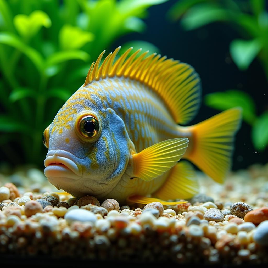 An angelfish eating from the bottom of a well-planted aquarium