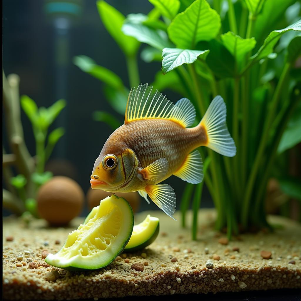 Angelfish consuming blanched vegetables in a tank