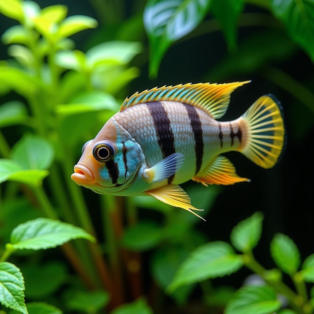 Angelfish swimming in a well-maintained planted aquarium.