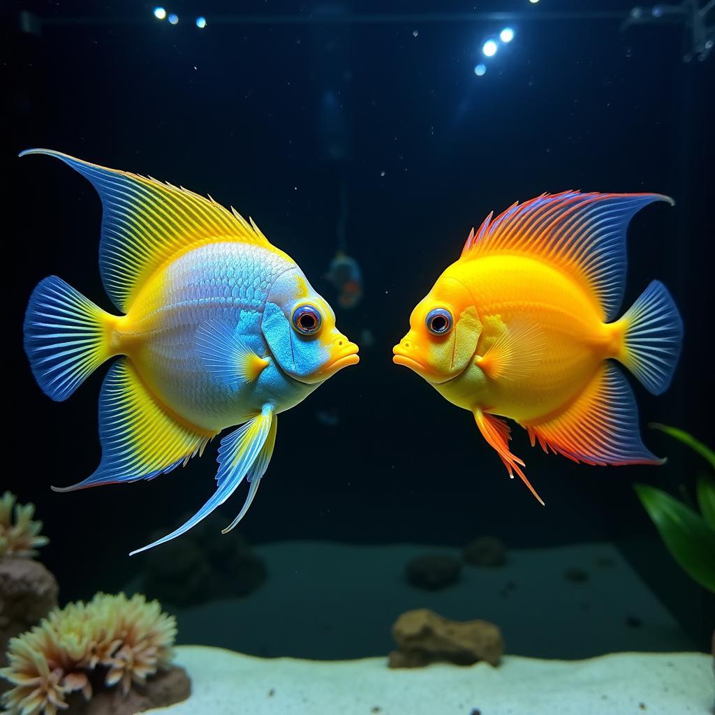  Two angelfish, one with vibrant colors and one with duller colors, swimming in an aquarium