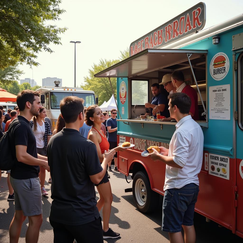 A diverse crowd gathered around Angie Burger food truck, smiles on their faces as they savor their burgers