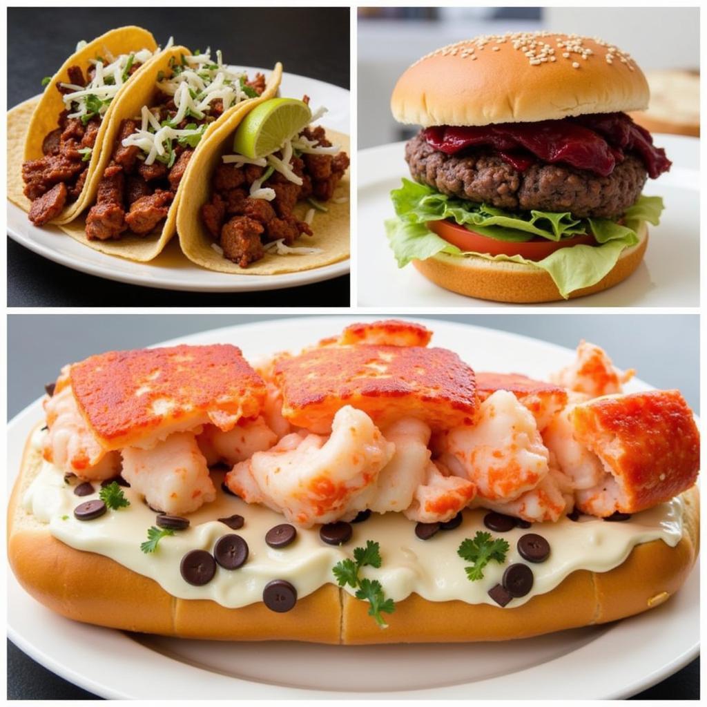 Close-up of several popular menu items from Annie Up Food Truck, including Korean BBQ tacos, a vegan black bean burger, and a lobster roll.