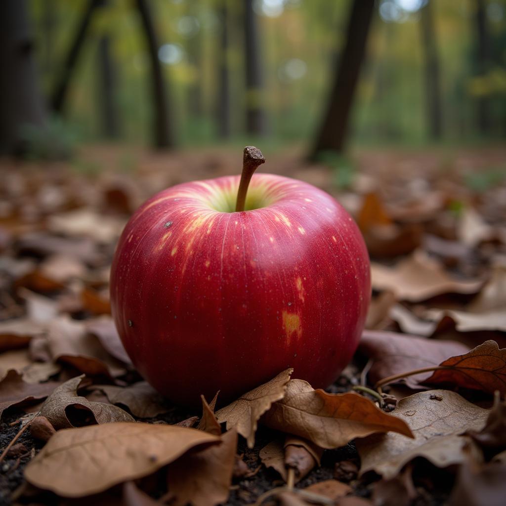 An apple on the ground near a forest edge