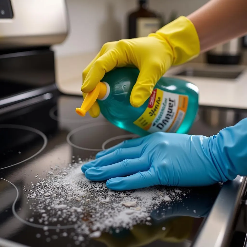 A person wearing gloves spraying food-safe degreaser on a greasy stovetop