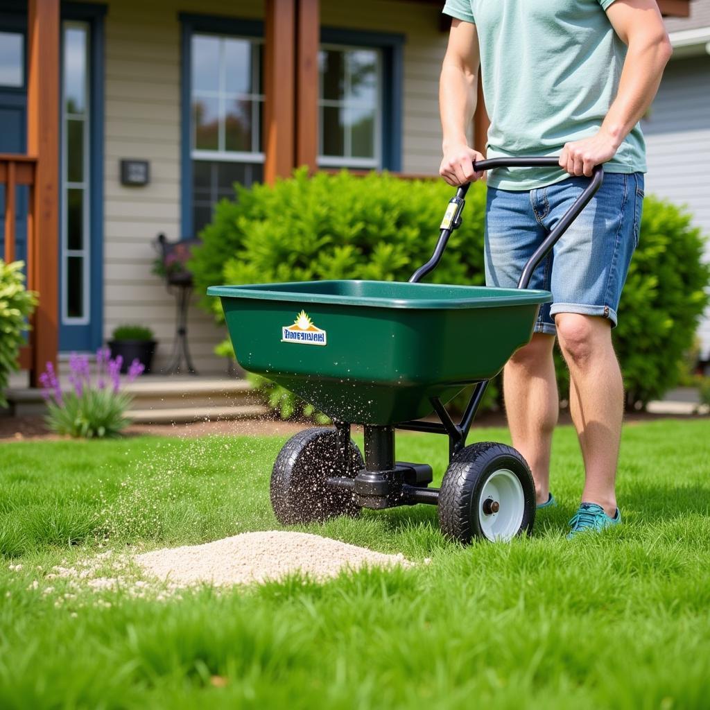 A homeowner applying Dimension Plus Lawn Food to their lawn using a spreader