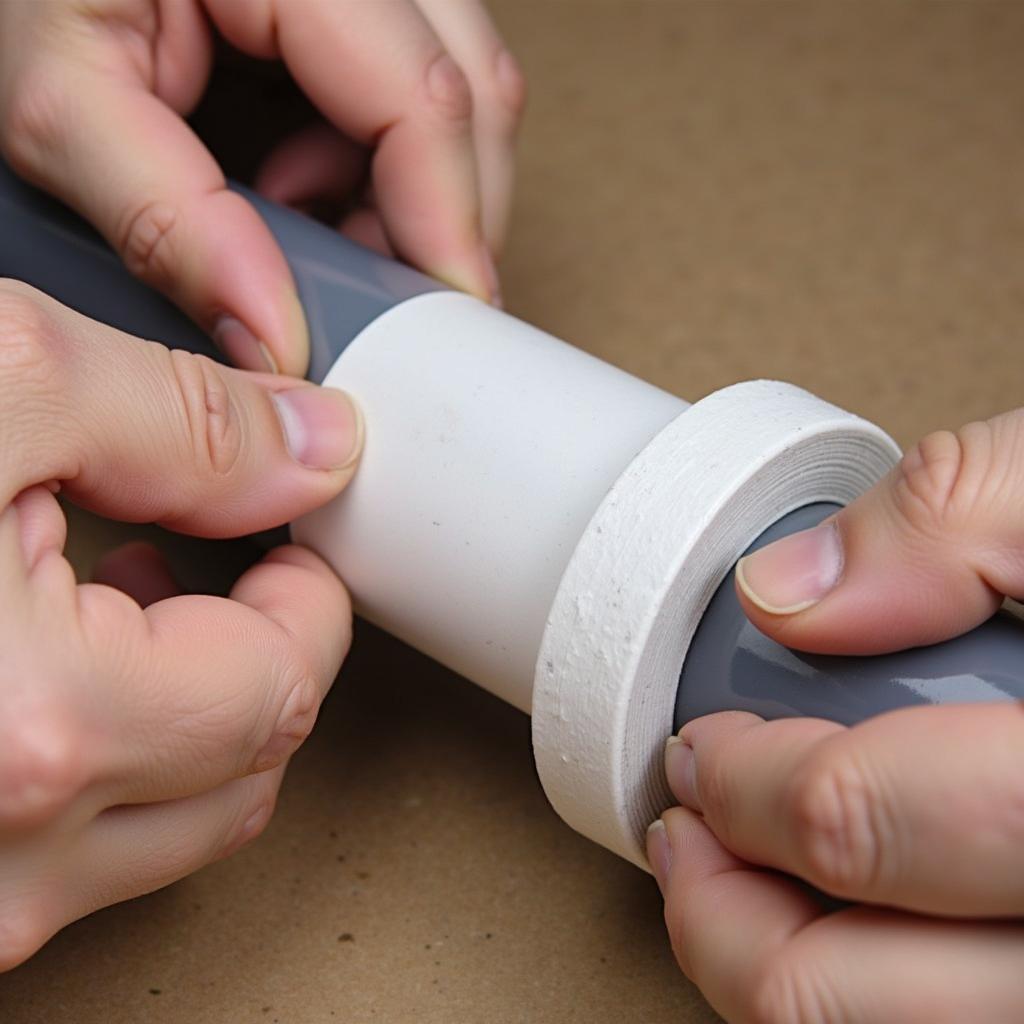 A person carefully applies food grade Teflon tape to a threaded connection