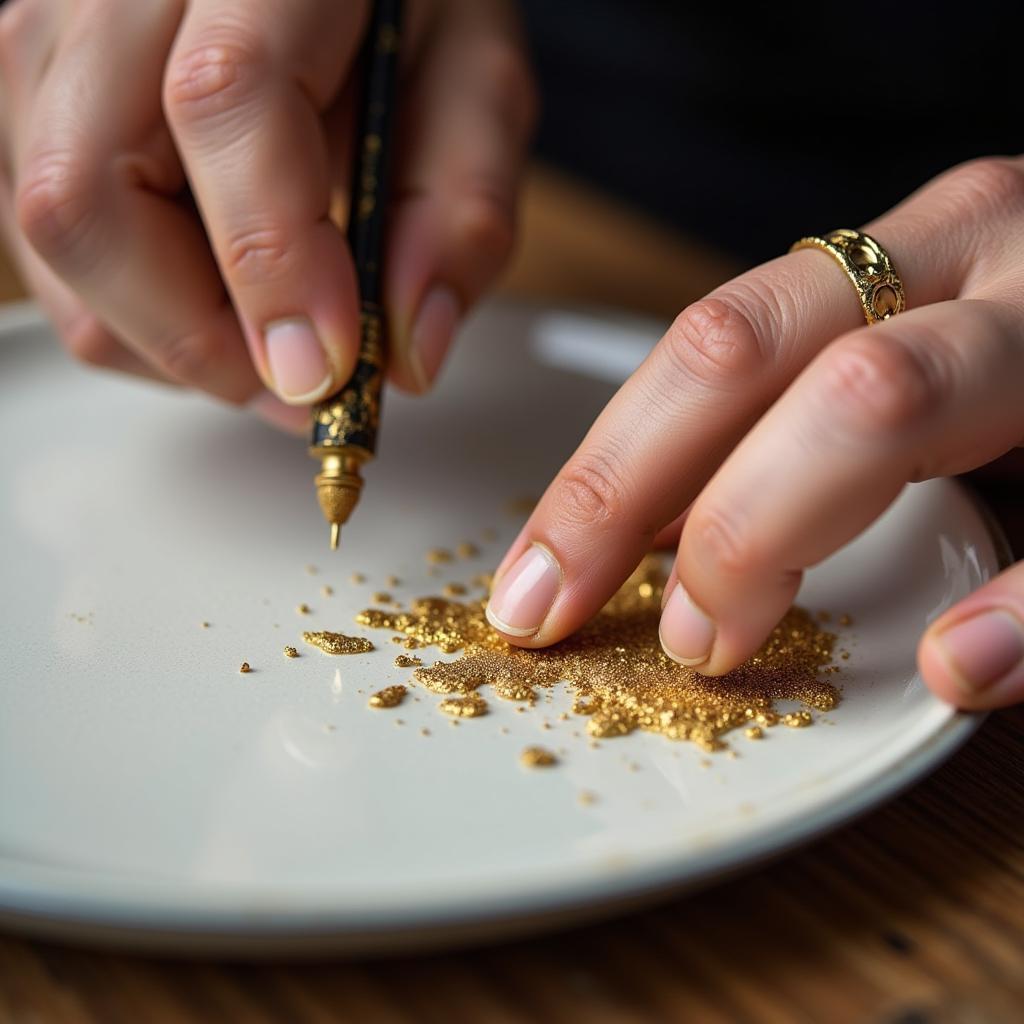 Applying kintsugi to a broken ceramic plate